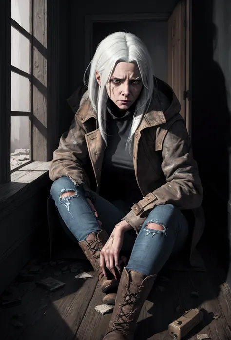 (suspense scene ((CONCEPT ART)), extremely detailed with a girl wearing jeans with brown coat and boots), (better lighting, better shadow, an extremely delicate and scary), (digital illustration), ((4k painting)), [(dynamic angle,((1girl)),white hair, (bea...