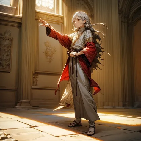 1kid boy, Full body version, 1character, red eyes, long haircut, silver colour hair, Ancient Roman clothing, sandals, Grassroots, background indoor Castleford, motion blur, lighting, (one piece art), standing gesture 