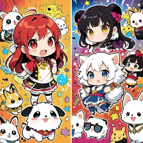 chibi characters and fluffy animals drawn by children, poorly drawn manga-style images, contrast magic effects