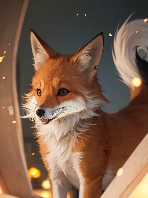 The fox and the dog、Cute and gentle、Sharp eye focus、original、Supernatural、Another world、Ultra Detail、bright fur、Magic Lighting、trajectory、 Light dust、beautiful、Cinematic lighting、 Bokeh effect