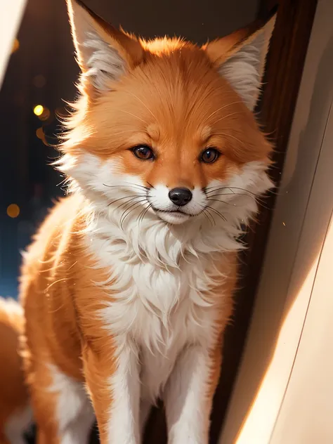 The fox and the dog、Cute and gentle、Sharp eye focus、original、Supernatural、Another world、Ultra Detail、bright fur、Magic Lighting、trajectory、 Light dust、beautiful、Cinematic lighting、 Bokeh effect