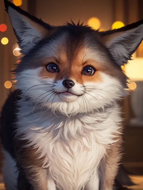 The fox and the dog、Cute and gentle、Sharp eye focus、original、Supernatural、Another world、Ultra Detail、bright fur、Magic Lighting、trajectory、 Light dust、beautiful、Cinematic lighting、 Bokeh effect