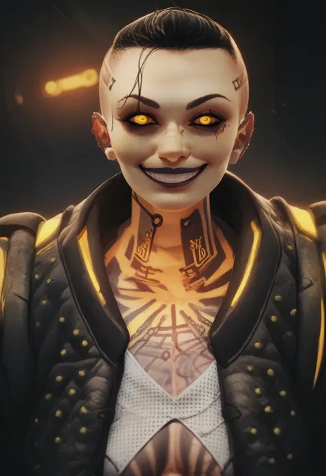 Anime Mobster, insane smile, lunatic, green buzzcut hair, glowing yellow eyes, multiple tattoos, cyborg girl, punk clothes