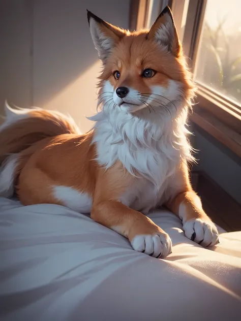 The fox and the dog、Cute and gentle、Sharp eye focus、original、Supernatural、Another world、Ultra Detail、bright fur、Magic Lighting、trajectory、 Light dust、beautiful、Cinematic lighting、 Bokeh effect