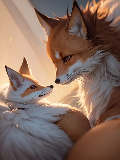 The fox and the dog、Cute and gentle、Sharp eye focus、original、Supernatural、Another world、Ultra Detail、bright fur、Magic Lighting、trajectory、 Light dust、beautiful、Cinematic lighting、 Bokeh effect