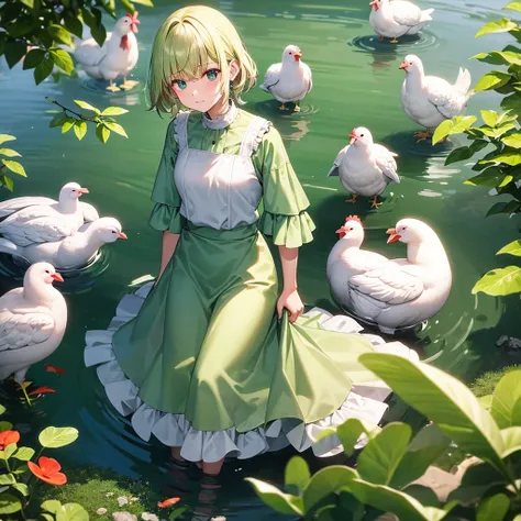 In clean pond green turtle and two white chicken who have red beak are stand in water, they stand in water and also turtle stand near the chickens