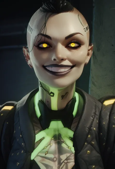 anime mobster, insane smile, lunatic, green buzzcut hair, glowing yellow eyes, multiple tattoos, cyborg girl, punk clothes