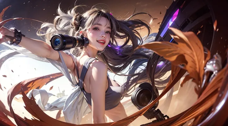  taking a selfie with a fisheye lens, her messy gray hair blowing in the wind , aesthetics and atmosphere, smiling, wearing a short top that reveals her chest.