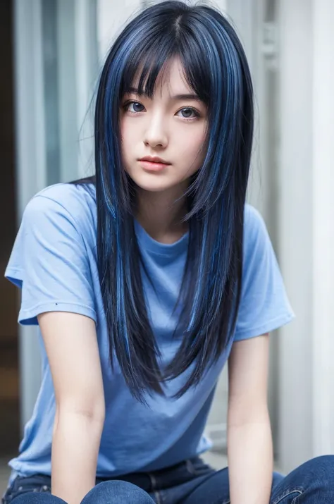 Girl 22 years old , Short , disheveled hair , blue streak in hair . Gray-deep eyes . black T-shirt , blue pants .