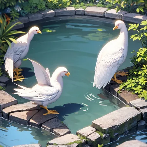 In clean pond green turtle and two white chicken who have red beak are stand near the pond