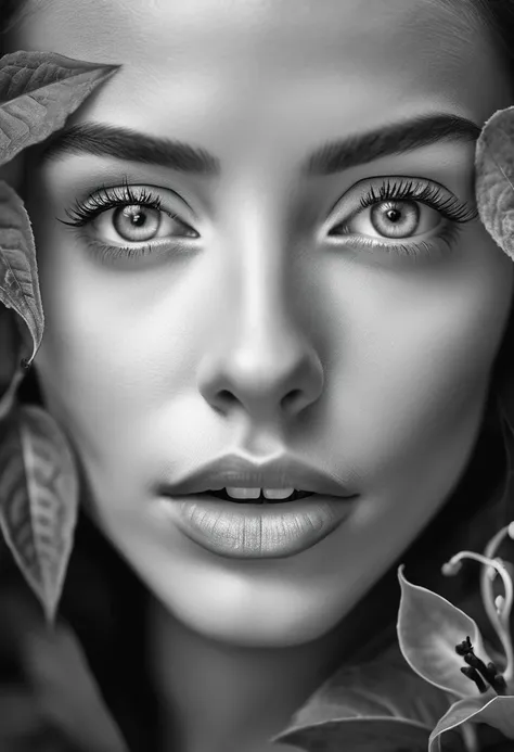 A black and white photo in raw format, zooming in on the intricate details of a womans face, revealing her expressive eyes. Frame the shot with a solitary striking Fuchsia flower, adding a touch of softness and femininity to the composition, enhancing the ...