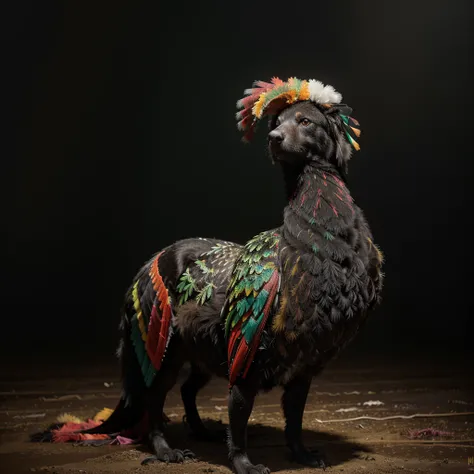 Fine Art, black-white-red-green, high contrast, National Geographic Foto: André Uhlisch - Art, , digital painting of a colorful old bird with glowing legs, in a glittering dress and delicately arranged furry arms and dusty legs,riding on the head of a dog ...