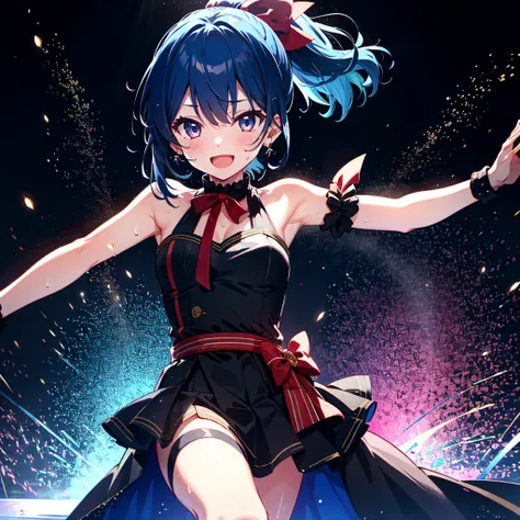 Ultimate quality, 8K,
BREAK,
girl, alone, blue hair, ponytail, red ribbon, dark eyes, smile, idol costume, open mouth, dancing, sweat, splashing sweat,
BREAK,
stage, spotlight, black background, light up face,