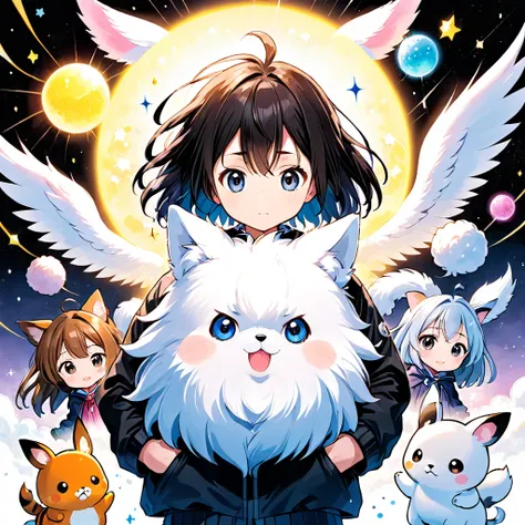 chibi characters and fluffy animals drawn by children, poorly drawn manga-style images, 2.5D, delicate and dynamic, contrast magic effects, CG graphic art