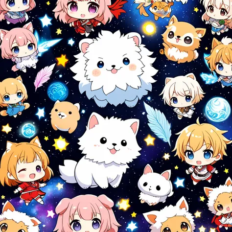 chibi characters and fluffy animals drawn by children, poorly drawn manga-style images, 2.5D, delicate and dynamic, contrast magic effects, CG graphic art