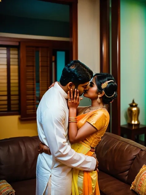 a middle-aged indian man with short dark hair tenderly embracing and kissing a young, south indian bride dressed in a traditiona...