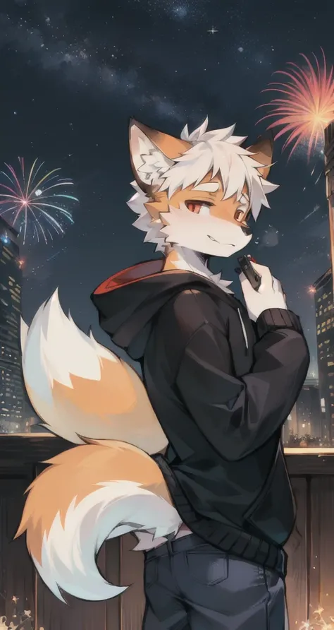 (Starry_Sky, moon, new moon_moon, night_Sky, night, shooting_Star, Sky, galaxy,fireworks, Starry_Sky_Print), male_Key Points,hairy, 1 boy,Solitary,  (detailed_background,Astonishing_background),Orange fur,  Fox Boy,  Black Hoodie, Fox Tail,(One tail), Red ...