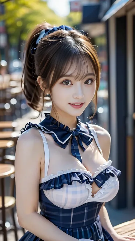 2k、(Masseter muscle area、Highest quality、mysterious、Beautiful and cute、Perfect human body balance、Official Art:1.2)、(1 girl:1.3)、(Big Breasts:1.2)、Glowing Skin、Cute gestures、(Navy checkered Lolita dress with fine frills:1.4)、(In front of the cafe:1.3)、(Tie...