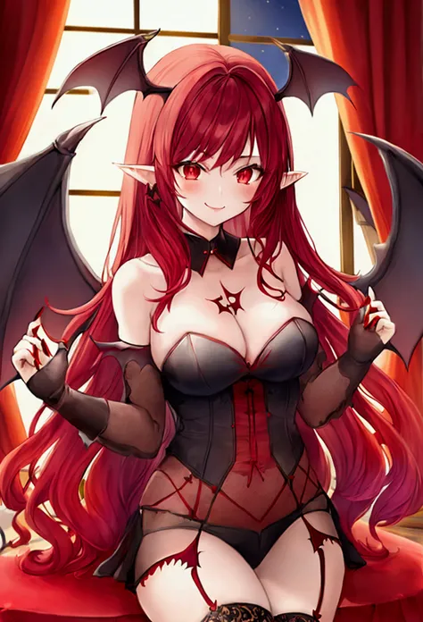 1girls, koakuma, red hair, long hair, ear bats,pointy ears, red eyes, smile, bat wings, breasts, 