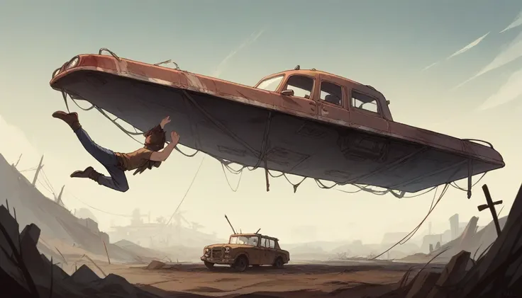 A post-apocalyptic wasteland, where a fearless warrior princess rides atop a rusted, upside-down vehicle, her cerulean tresses whipping in the wind.

