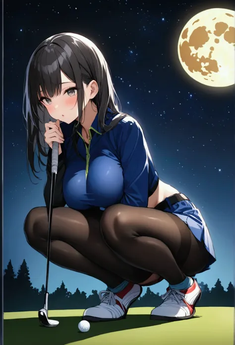 1 female、woman with very long black hair、Busty women、Spectacular views、Night Scene、The view from the top of the hill、Full moon night sky、swirling starry sky、８K、Best Quality、The woman&#39;s whole body is in the photo、The woman is wearing a miniskirt and her...