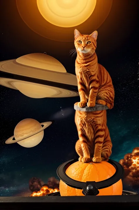 An orange cat sitting on Saturn while there are explosions behind him