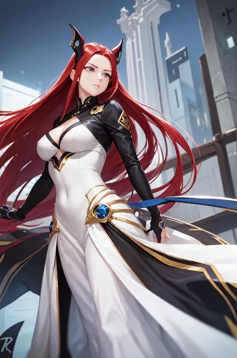 A stunning and captivating illustration of Samira, a fierce female protagonist, standing tall and prepared for action. Her long red hair flows dynamically in the wind, and her intense blue eyes are locked onto an unseen adversary. Clad in a sleek, form-fit...