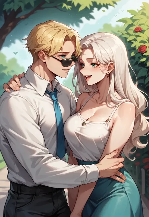 Boy with white hair and blue eyes, wearing dark sunglasses, next to a girl with blonde hair and green eyes without glasses, hugged, happy couple, with park background, Modern clothing.