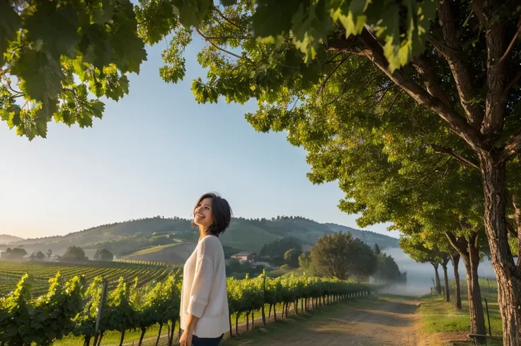 8k best picture quality, Beautiful 36-year-old Korean woman, Chest size 34 inches, northern italy countryside dawn, View of the cathedral next to the vineyards, The back background is realistic and vivid quality., short medium hair, A white T-shirt that co...