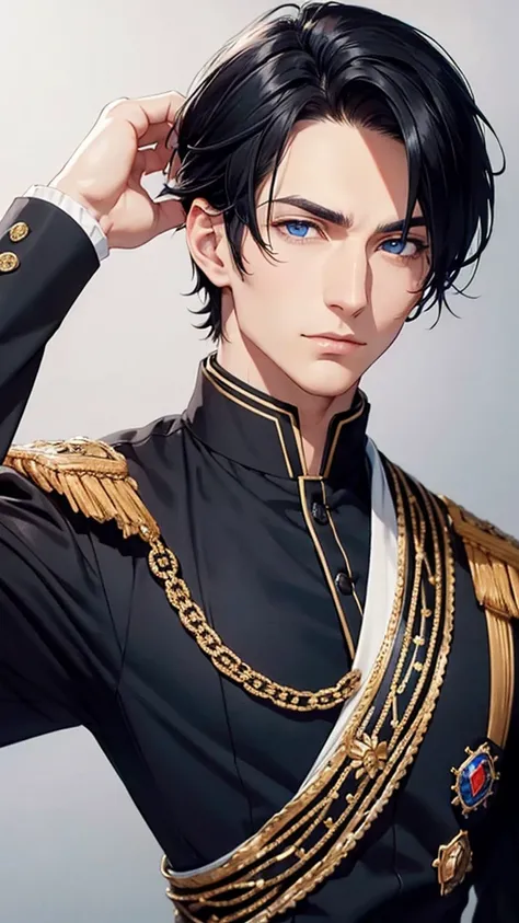 Man with loose and short black hair, blue eyes, sharp jaw, elegant in royal duke clothes. 