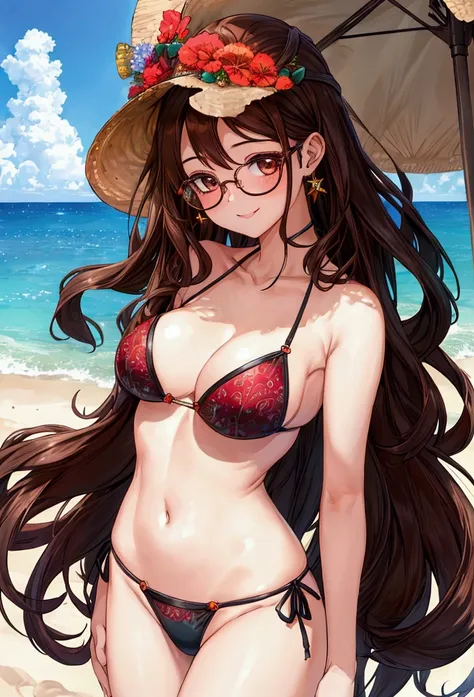 1 female、Brown Hair、Brown eyes、Highest quality、Very detailed、8 Resolution、RAW Photoasterpiece、Perfect body、High resolution、Highest quality、Detail view、Vibrant colors、Lure、smile、Long Hair、Black-rimmed glasses、Captivating breasts、Ocean、bikini