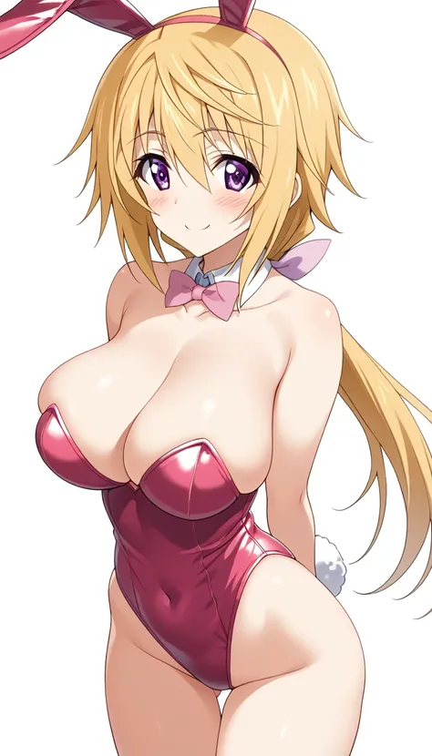 score_9, score_8_up, score_7_up, 1girl, solo, infinite stratos, charlotte dunois, purple eyes, tareme, eyelashes, blonde hair, long hair, ponytail, low ponytail, hair between eyes, hair bow, pink bow, hair ribbon, large breasts, playboy bunny, rabbit ears,...