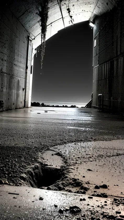 Wide angle of view, abandoned coal mine, scary