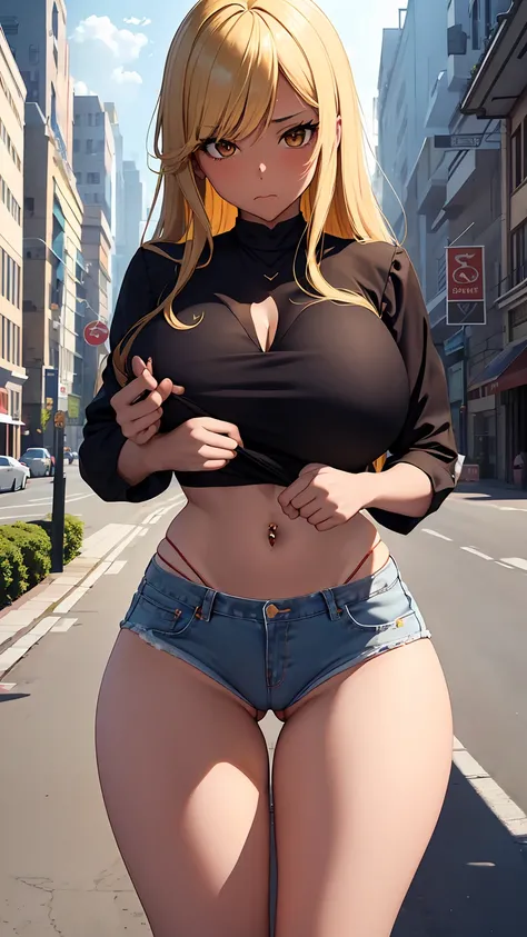 1girl, anime girl, anime, (dark skin), 2d girl, 18y, (fullbody), standing, anime girl, pensive, (blonde hair), ((black blouse)), Solo, Slim, large breasts, big , big Breasts, Tight Shorts, low waist shorts, upshorts, skyscrapers background, modern city, lo...