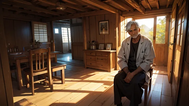 a patient man, with serene expression on a chair in a wooden house.