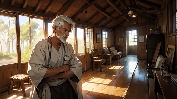 a patient man, with serene expression on a chair in a wooden house.