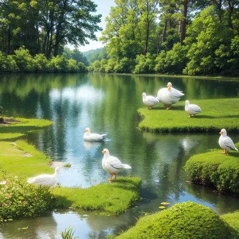 In big pond who in forest and near the pond a tortoise and two white chickens, they stand near the pond