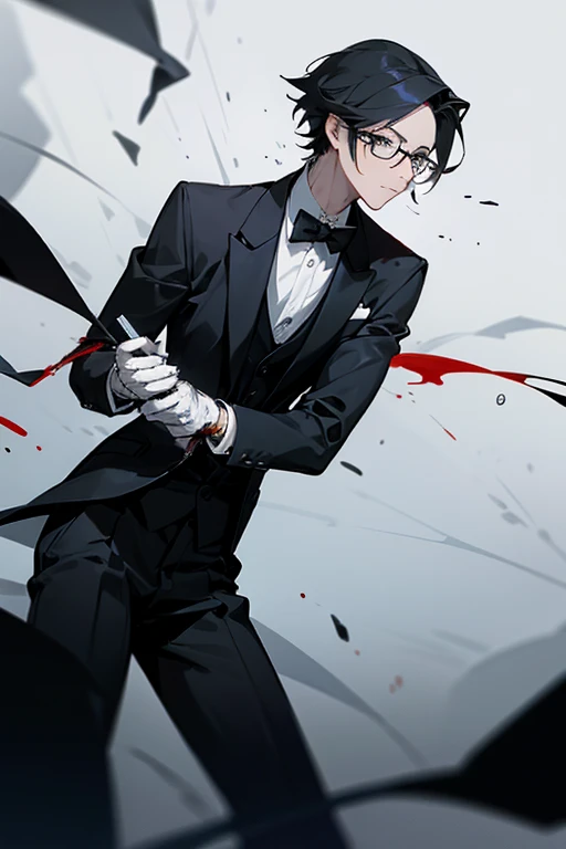 male、male性、Glasses、大柄のmale、Slender、stylish、simple、Smart Movement、grace、perfection、beautiful、Butler、Tuxedo、gloves、battle、Hunting Cutlery、Wield a knife、kill、blood droplets、disposal