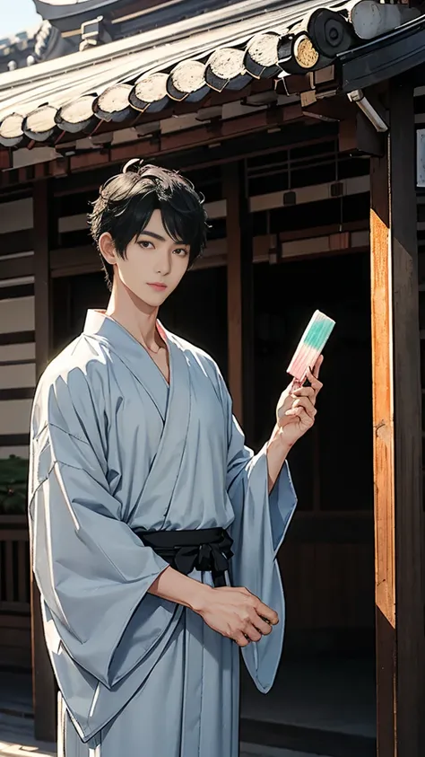 Japanese men、Black Hair、Short Hair、handsome man、30 years old、Handsome、Height: 180 cm、Wearing a gray yukata、Holding an ice lolly in his hand。