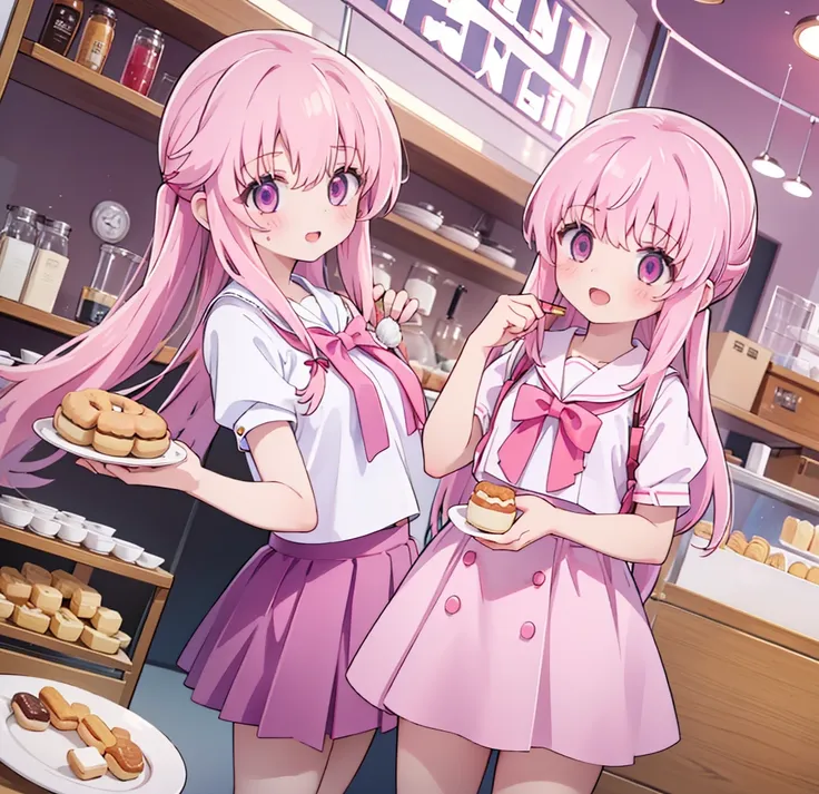 1girl,pink hair, pink eyes with love, detailed eyes, straight hair, straight bangs, shiny hair,
,red bowtie,purple skirt,purple shirt,pleated skirt,short sleeves,looking at the plate with donut, showing mini donut shop, holding a plate wih donut, smile, la...