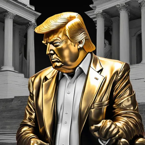 I want a stoic golden Donald Trump sculpture with black and white background. The image should focus on Donald Trump holding bitcoin coin . Must be a full body sculpture with walls or buildings in the background.. 


