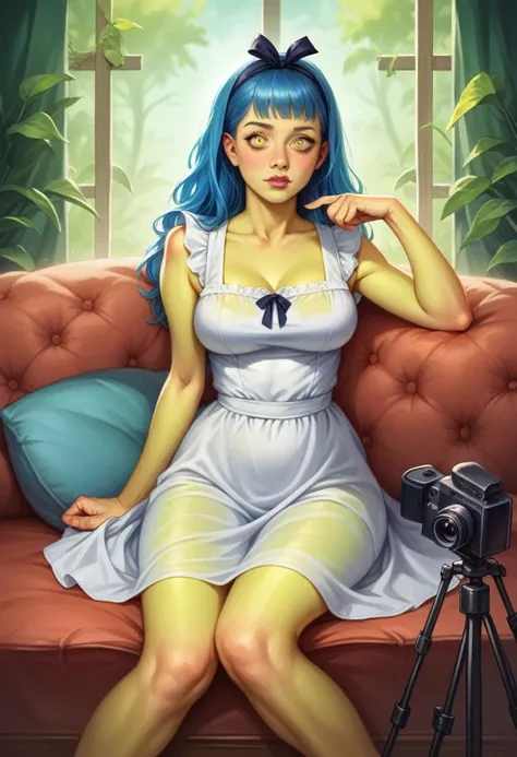 (alice in wonderland), translucent green sundress , bright blue hair styled in a tall beehive hairdo, huge round eyes with blue ...