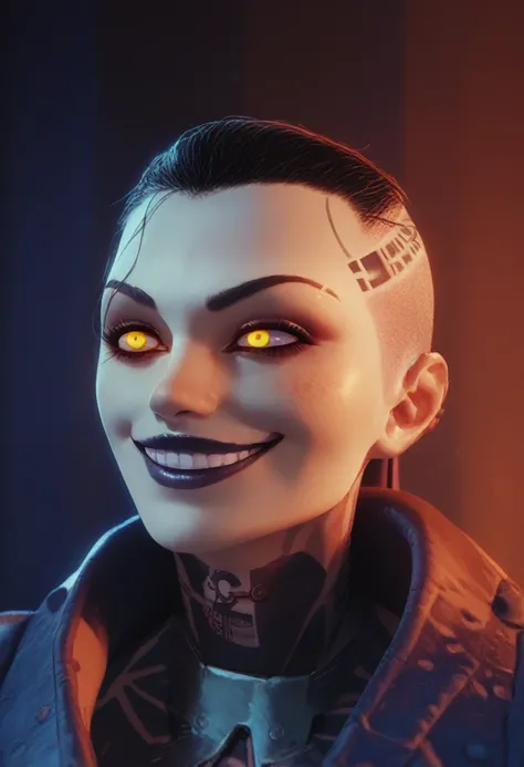 anime mobster, insane smile, lunatic, green buzzcut hair, glowing yellow eyes, multiple tattoos, cyborg girl, punk clothes