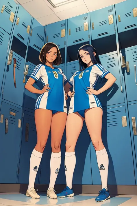 Group of girls, in locker room, Soccer uniform, fullbody shot, undressing, backs to viewer