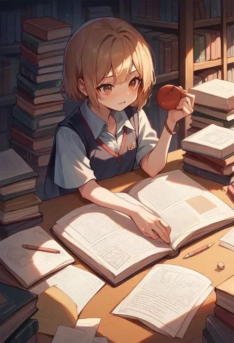 A student, surrounded by books and study materials