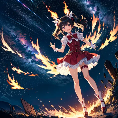 The red magical girl wearing flames was shining brightly in the midnight night sky, and smiles brilliantly with her whole body