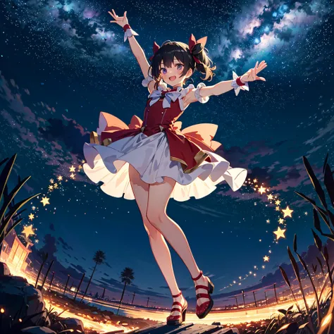 The red magical girl wearing flames was shining brightly in the midnight night sky, and smiles brilliantly with her whole body