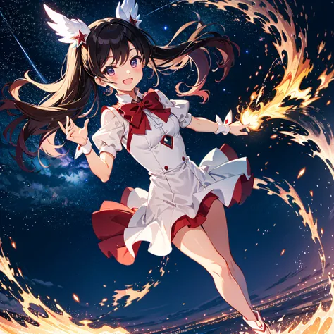 The red magical girl wearing flames was shining brightly in the midnight night sky, and smiles brilliantly with her whole body