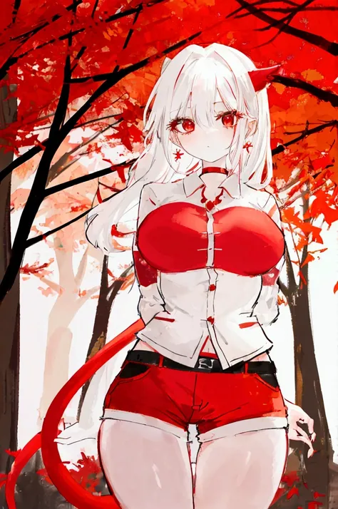 an anime girl dressed in a red and  white outfit standing by trees, 1girl, breasts, solo, red eyes, tail, large breasts, shorts, arms behind back, looking at viewer, red shorts, white hair, hair between eyes, shirt, outdoors, jewelry, earrings, cowboy shot...