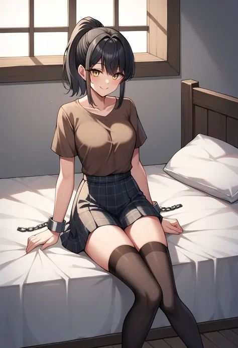 score_9, score_8_up, score_7_up, score_6_up, score_5_up, score_4_up, source_anime, 1girl, sit, smile, black hair, ponytail, yellow eyes, w-w-chain, cuffs, arms, clean hair, brown shirt, plaid skirt, black stockings, room, bed, best quality, best res, 4K UH...